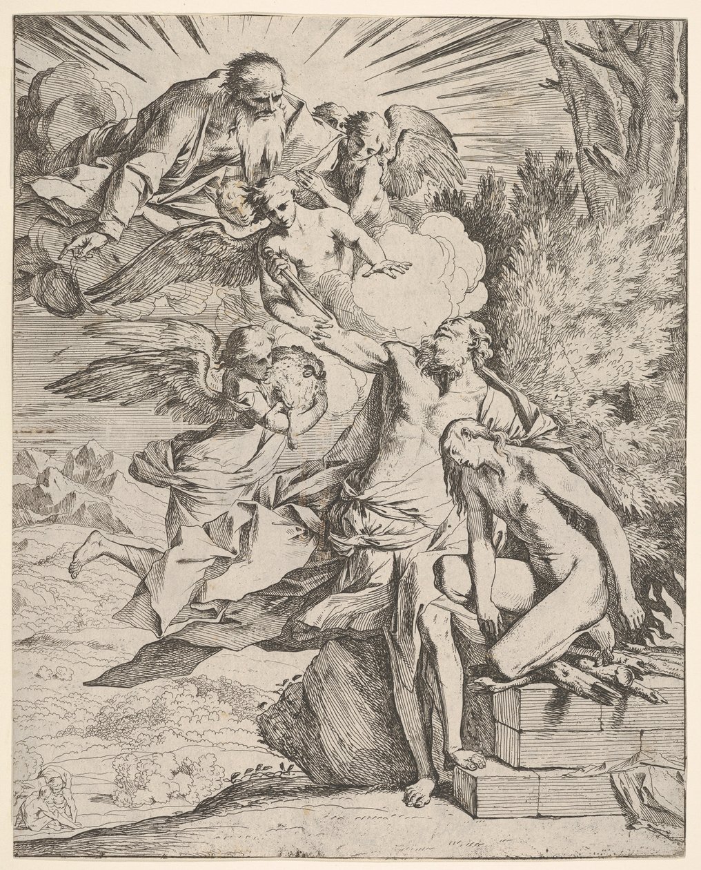 Isaks offer: en engel presser seg mot den dolkbærende armen til Abraham, som ..., ca.1645-50. av Pietro Testa