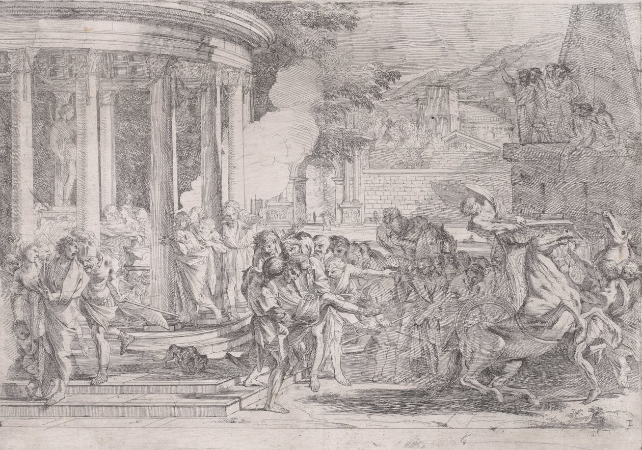 Sinorix båret fra Artemis-tempelet i forsøk på å unnslippe virkningene av giften..., ca. 1640. av Pietro Testa