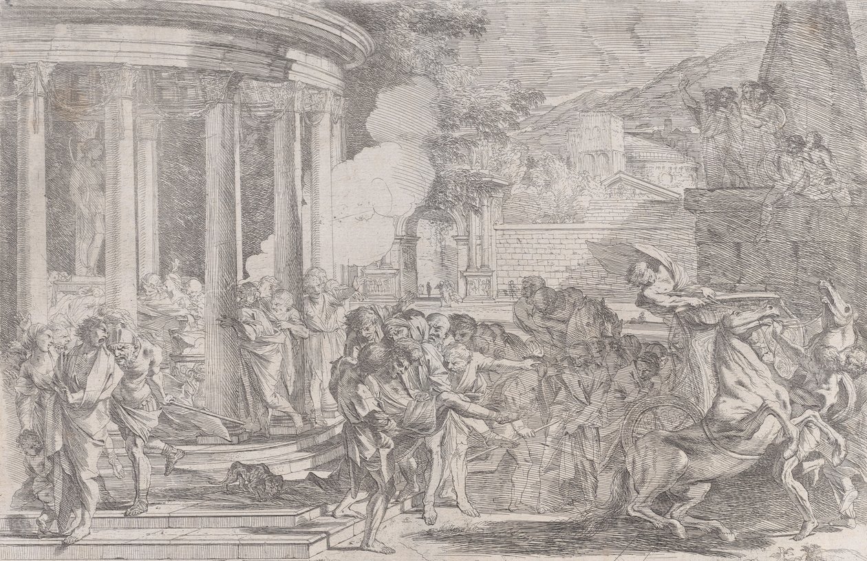 Sinorix ble båret fra Artemis-tempelet og prøvde å unnslippe virkningene av giften..., ca. 1640. av Pietro Testa