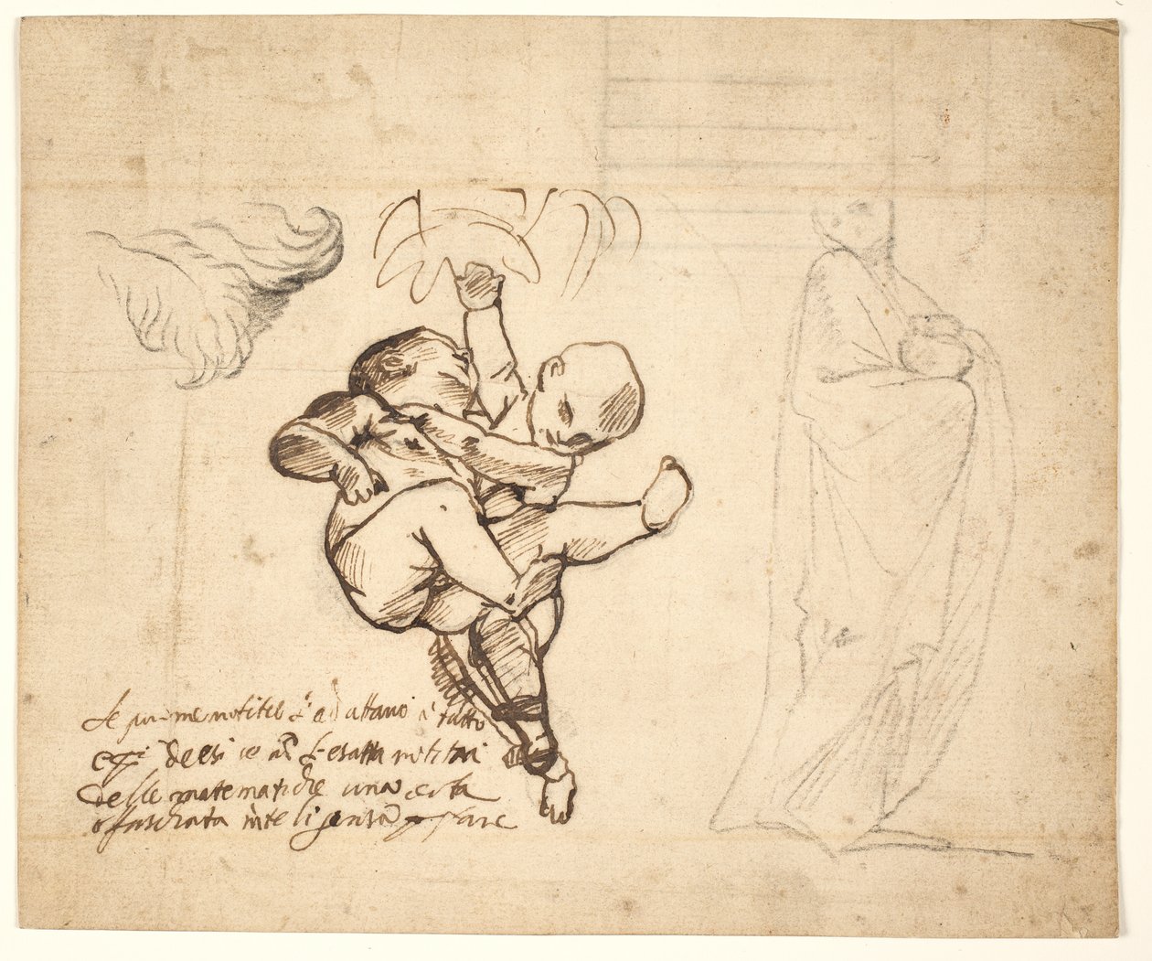 Studie for to lekende putti, løv og en drapert figur med urne av Pietro Testa