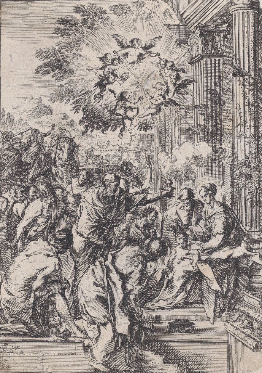 The Adoration of the Magi, satt foran og arkitektonisk søylegang, ca. 1640. av Pietro Testa