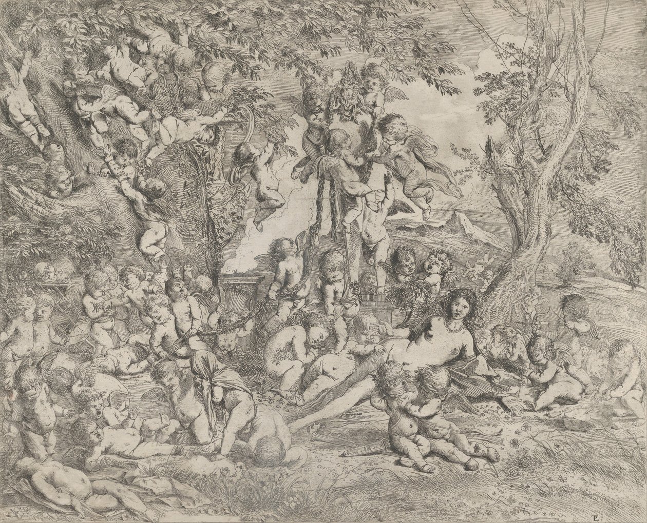 The Garden of Venus som hviler i sentrum foran en herm av Pan og omringet ..., ca. 1631-37. av Pietro Testa