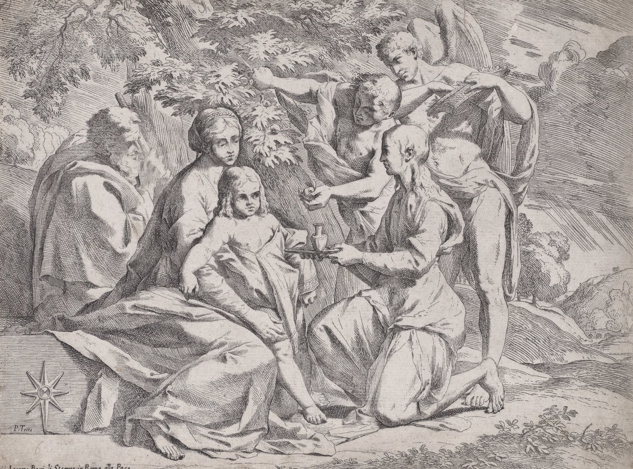 Den hellige familie deltatt av engler, ca. 1642-44. av Pietro Testa