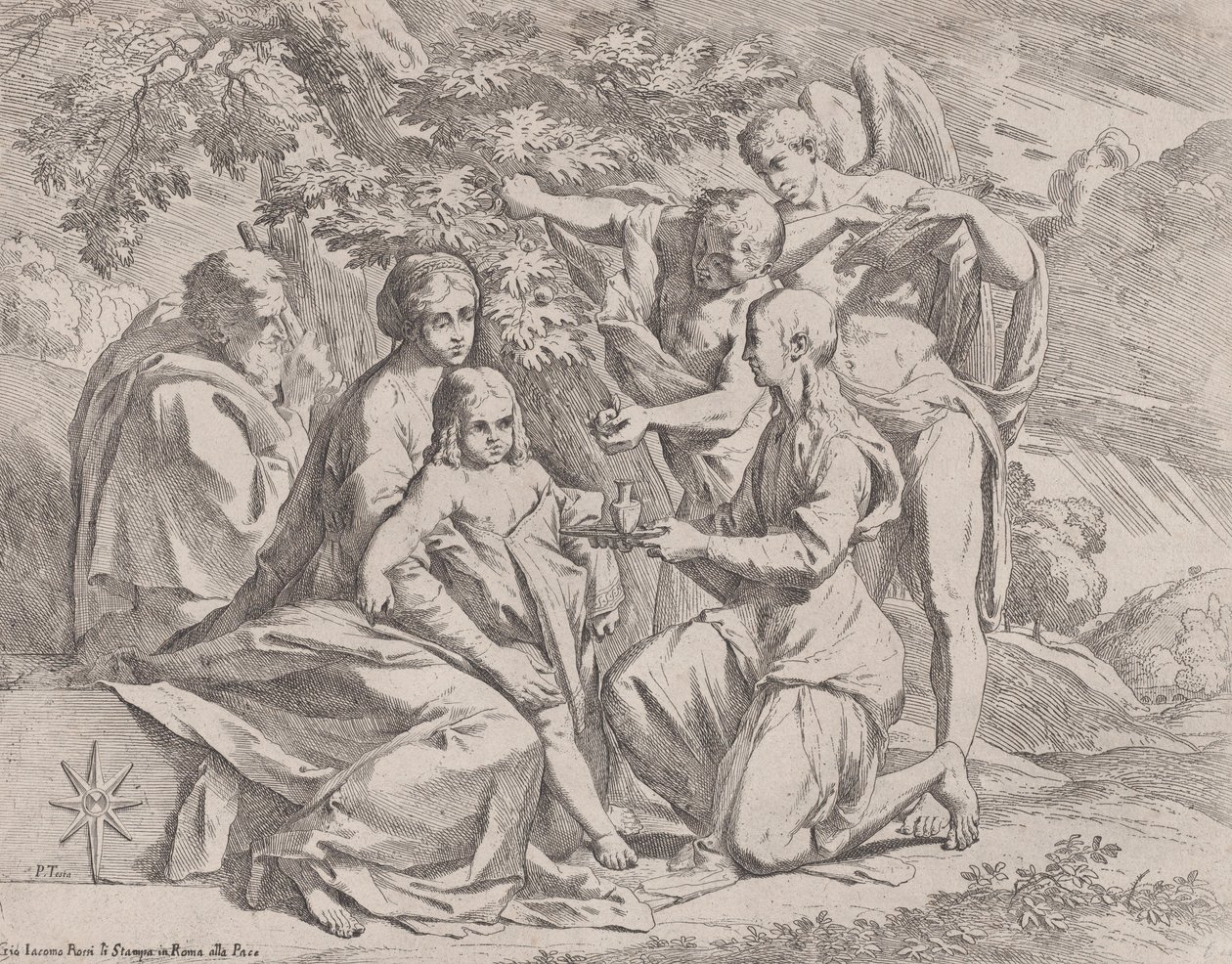 Den hellige familie matet av engler, ca. 1642-44. av Pietro Testa