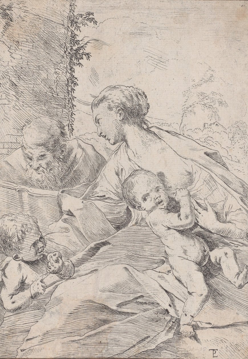 Den hellige familie med spedbarnet Saint John som holder et eple, ca. 1630. av Pietro Testa