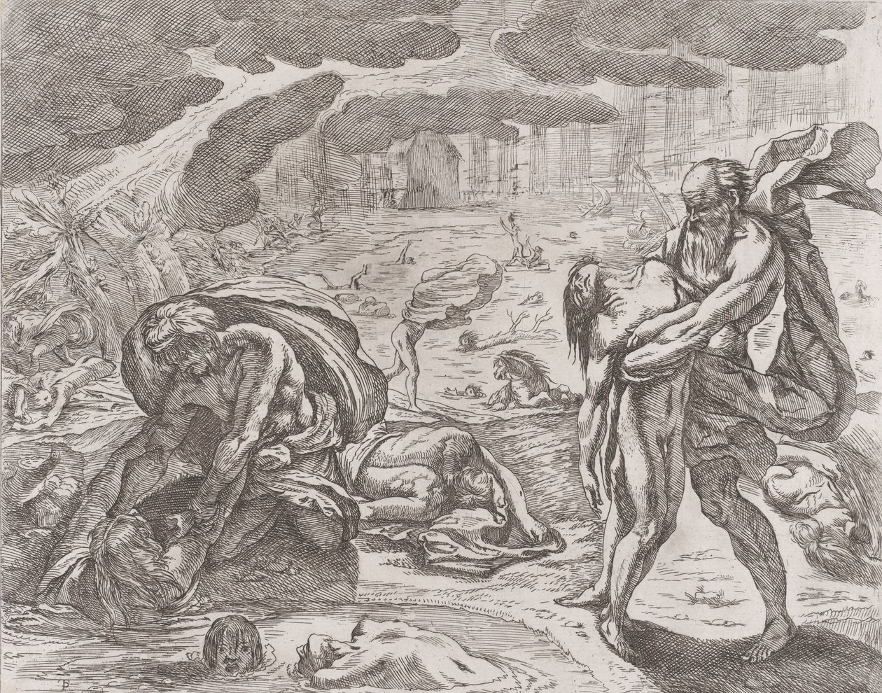 Syndfloden, figurer som trekkes opp fra vannet, ca. 1640-42. av Pietro Testa
