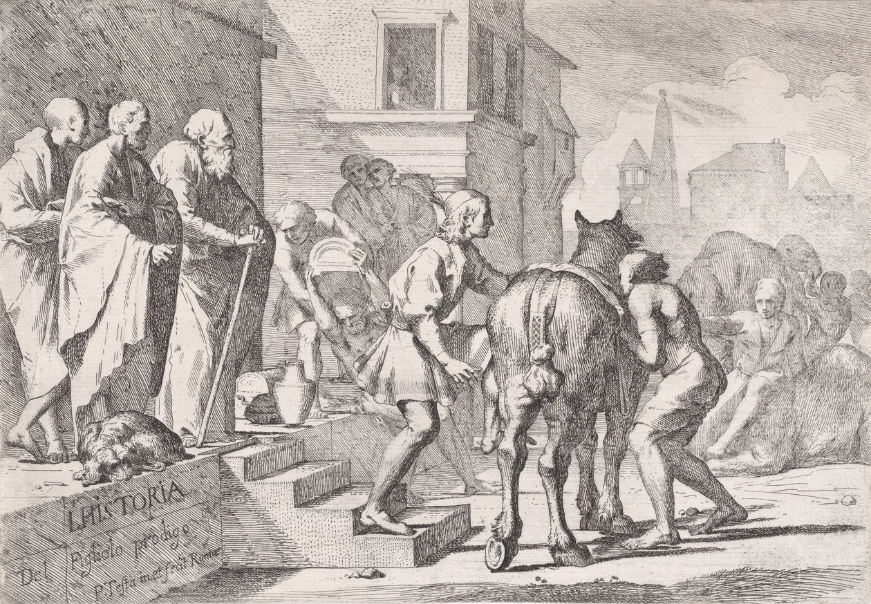 Avgangen til den fortapte sønnen, vist i ferd med å sette seg opp på en hest, fra en serie på fire..., ca. 1645. av Pietro Testa