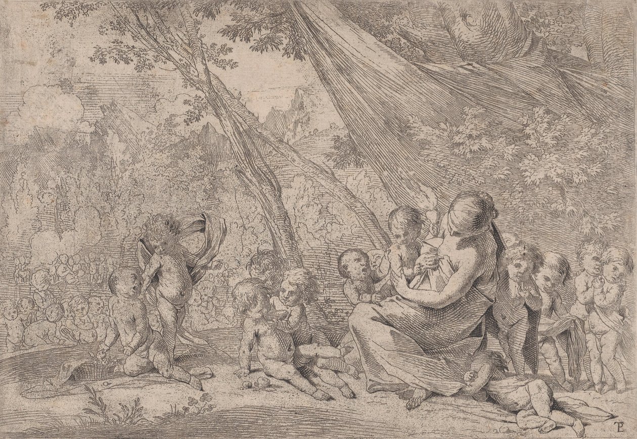 Nestekjærlighetens hage, kvinne som representerer veldedighet til høyre omgitt av barn, ..., ca. 1631-37. av Pietro Testa