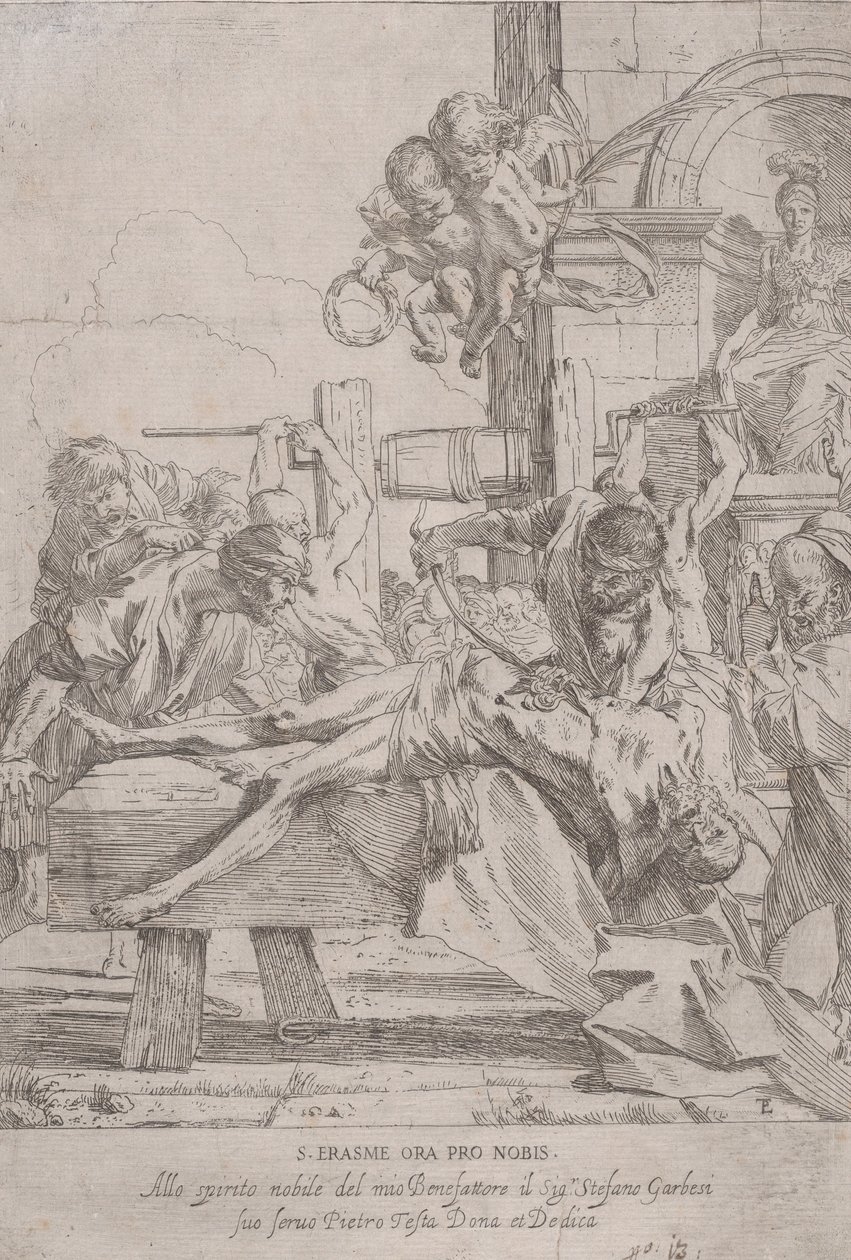 Martyrdøden til den hellige Erasmus som ligger nedbrutt og har fjernet innmaten, to putti a..., ca. 1630. av Pietro Testa