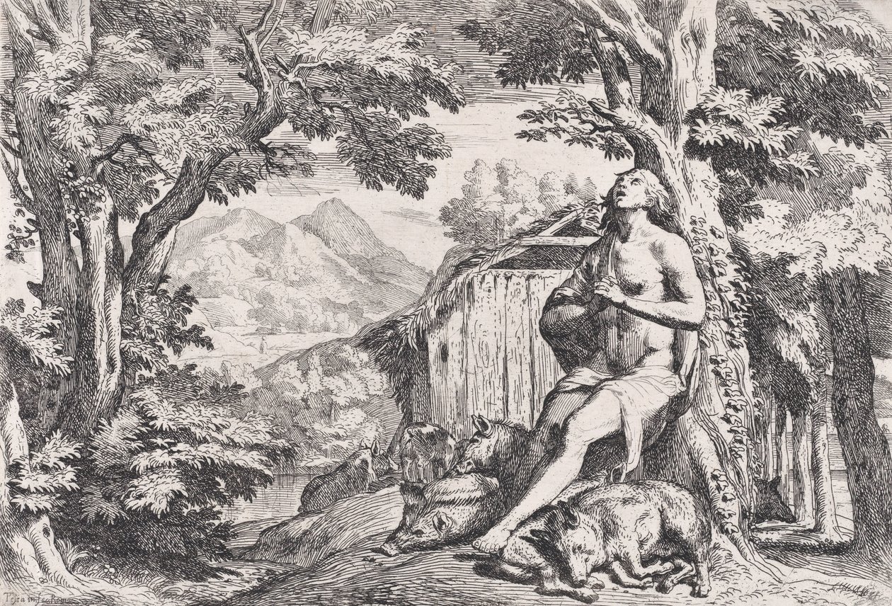 Den fortapte sønnen blant svinene, fra en serie på fire trykk, ca. 1645. av Pietro Testa