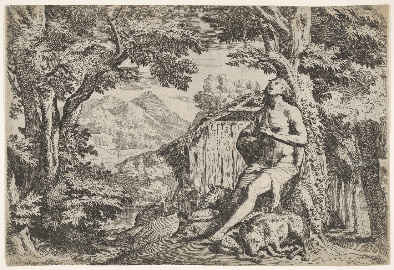 Den fortapte sønnen satt ved foten av et tre blant svin, blikket hans rettet oppover..., ca. 1640-50. av Pietro Testa