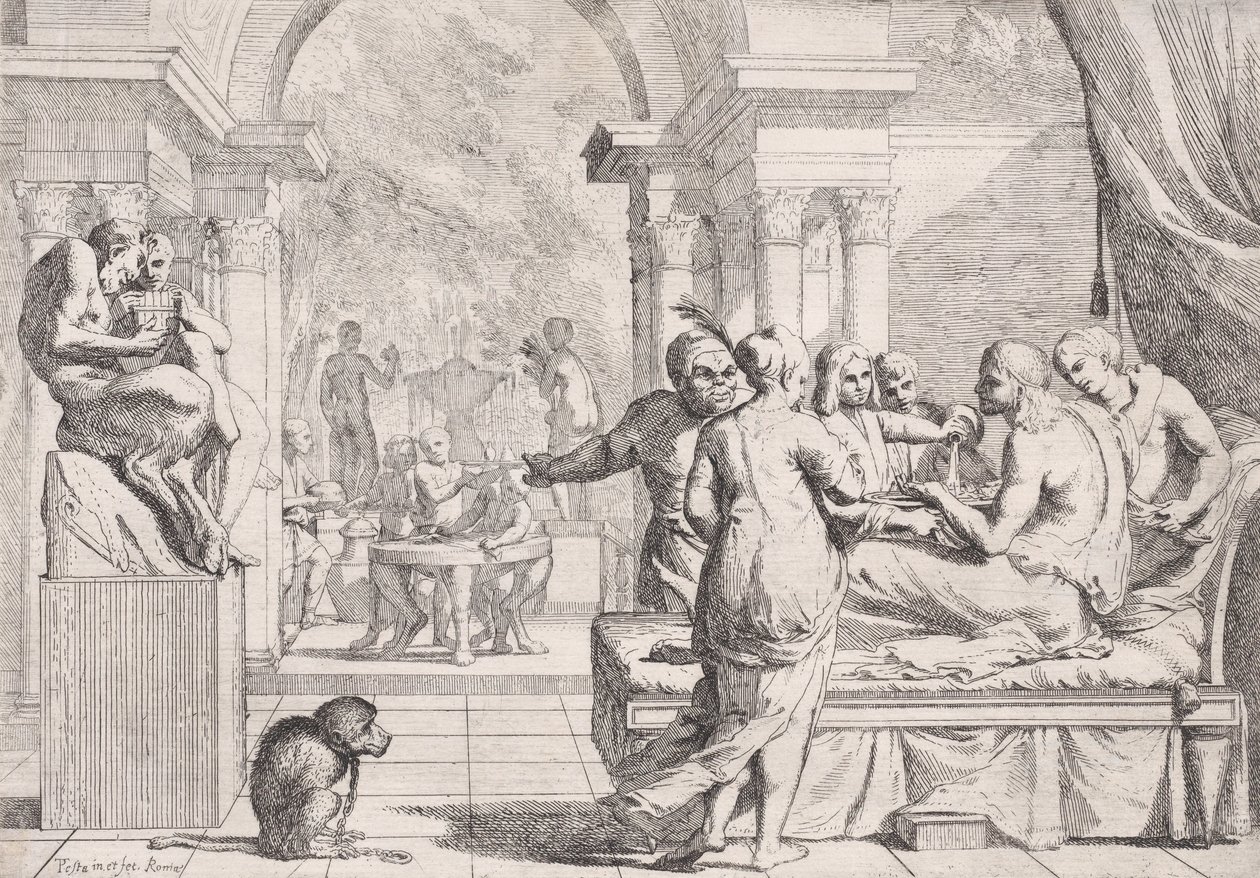 Den fortapte sønnen satt på en sofa og fikk servert vin, festglade i bakgrunnen, en mo..., ca. 1645. av Pietro Testa