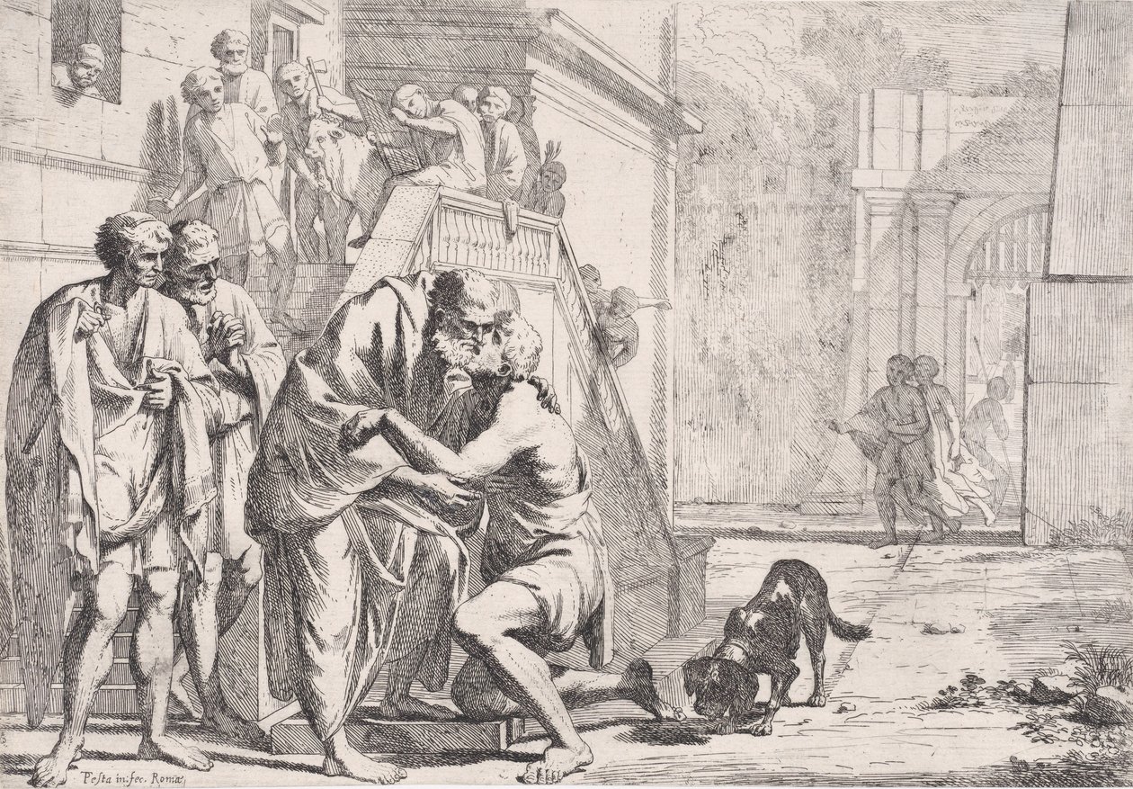 Tilbakekomsten til den fortapte sønnen, faren som omfavner sønnen, fra en serie,..., ca. 1645. av Pietro Testa
