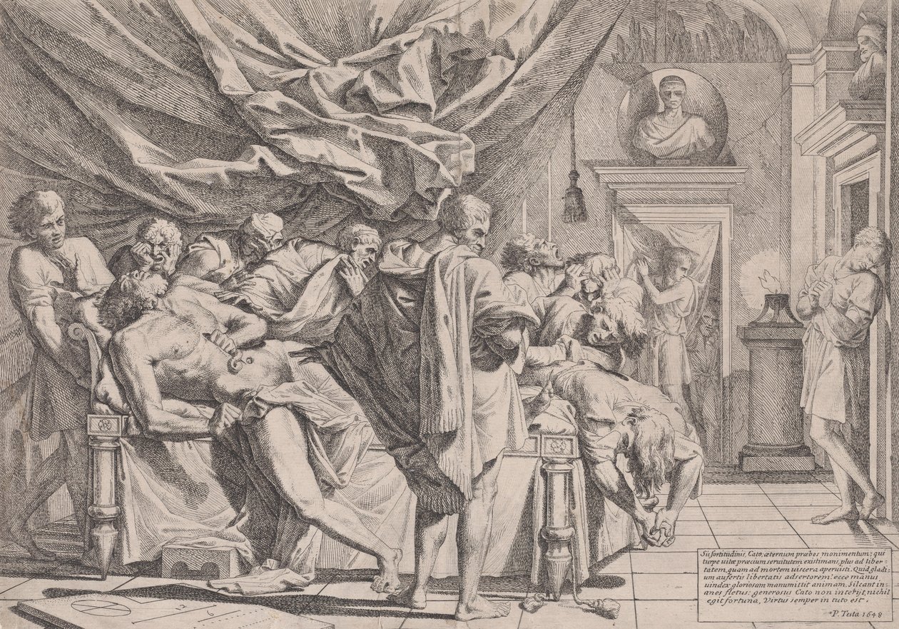 Selvmordet til filosofen Cato, som ligger på sengen sin og trekker ut innmaten, så på b..., 1648. av Pietro Testa