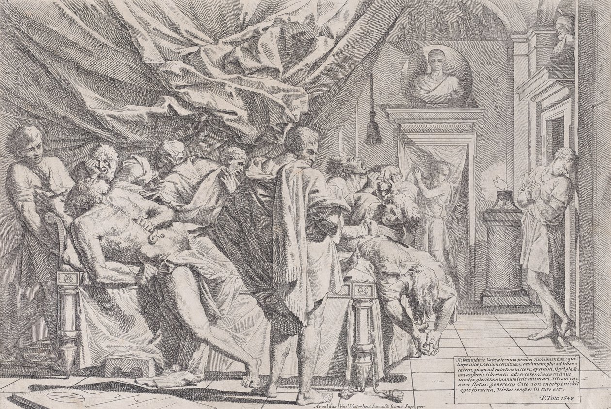 Selvmordet til filosofen Cato, som ligger på sengen sin og trekker ut innmaten, så på b..., 1648. av Pietro Testa