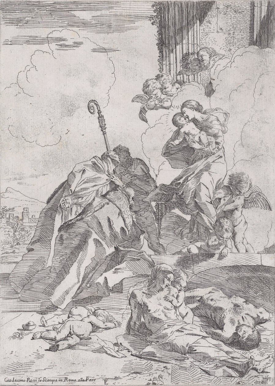 Tre lucchese-helgener St. Nicholas Tolentino, Nicholas av Bari i forbønn med..., ca. 1630-31. av Pietro Testa