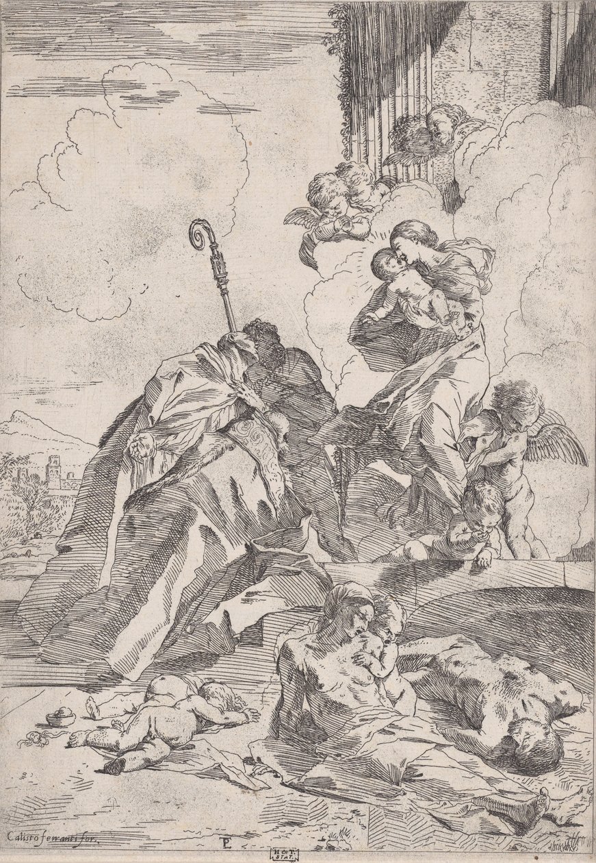 Tre Lucchese-helgener som går i forbønn med Jomfruen for ofrene for pesten...., ca. 1630-31. av Pietro Testa