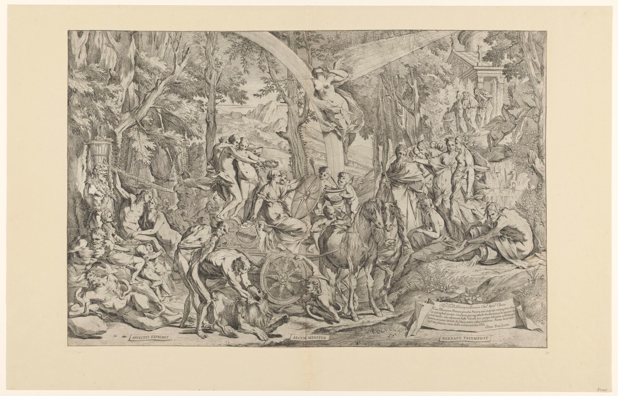 Triomf van de schilderkunst op de Parnassus Uttrykker hengivenhet/ tjener en bue/ triumferer over Parnassus (tittel på objekt) av Pietro Testa
