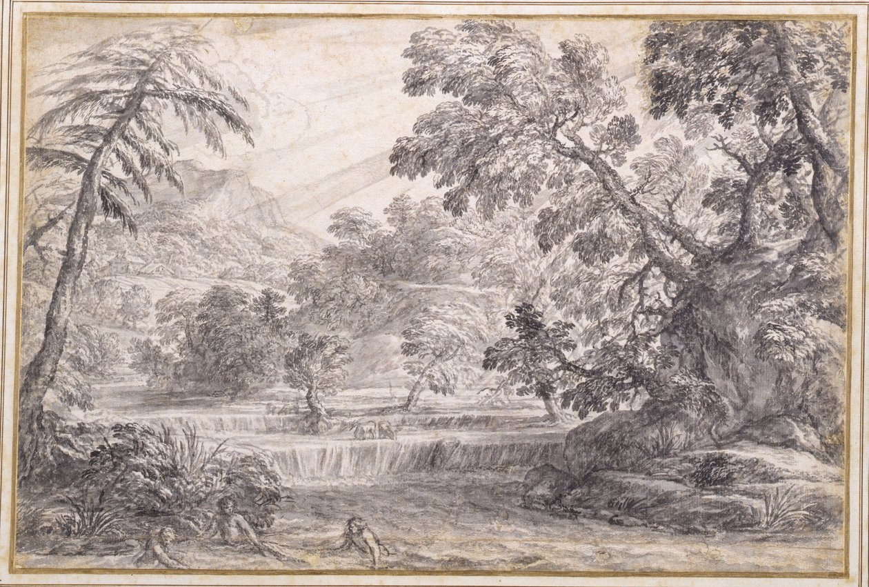 A Wooded River Landscape, ca. 1650 (svart kritt, pensel og grått blekk med grå vask på papir) av Pietro da Cortona