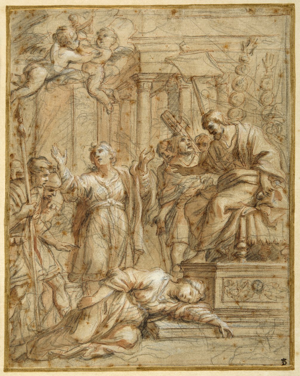 St. Bibiana ligger martyrdøden foran prefekten Apronianus (svart kritt med penn og blekk og vask på papir) av Pietro da (1596 1669) Cortona