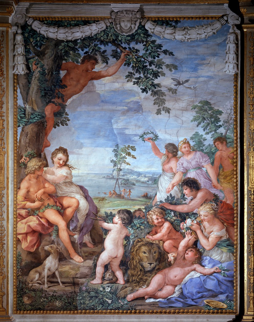 Allegori over de fire tidsalderen, gullalderens freskomaleri av Pietro da Cortona (Steen av Cortona) (1596-1669) 1637 Salle du Poele (Stanza della Stufa), Palatine Gallery, Palazzo Pitti, Firenze av Pietro da Cortona