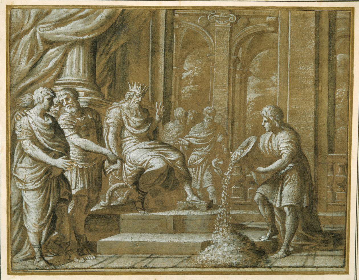 En eldre konge, tronet med ledsagere i en arkitektonisk setting, og en ungdom som strømmer fra en vase til deres forundring (penn og blekk med kritt, vask og gouache på papir) av Pietro da Cortona