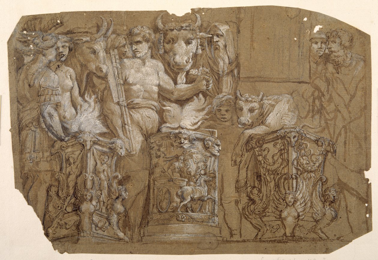 Antikk ofring og ekteskapet mellom Perseus og Andromeda, etter Polidoro da Caravaggio (ca. 1499-1543) (penn og brunt blekk med brun vask forsterket med hvit kroppsfarge over innledende i svart kritt på papir vasket brunt) av Pietro da Cortona