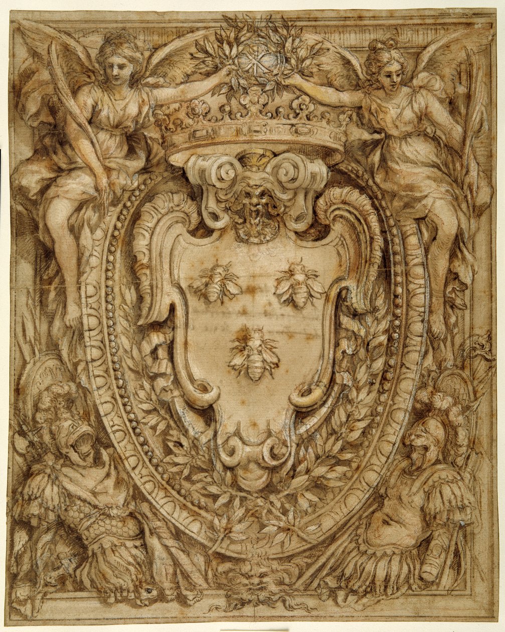 Arms of Don Taddeo Barberini, Principe di Palestrina (penn og blekk med vask og gouache på papir) av Pietro da Cortona