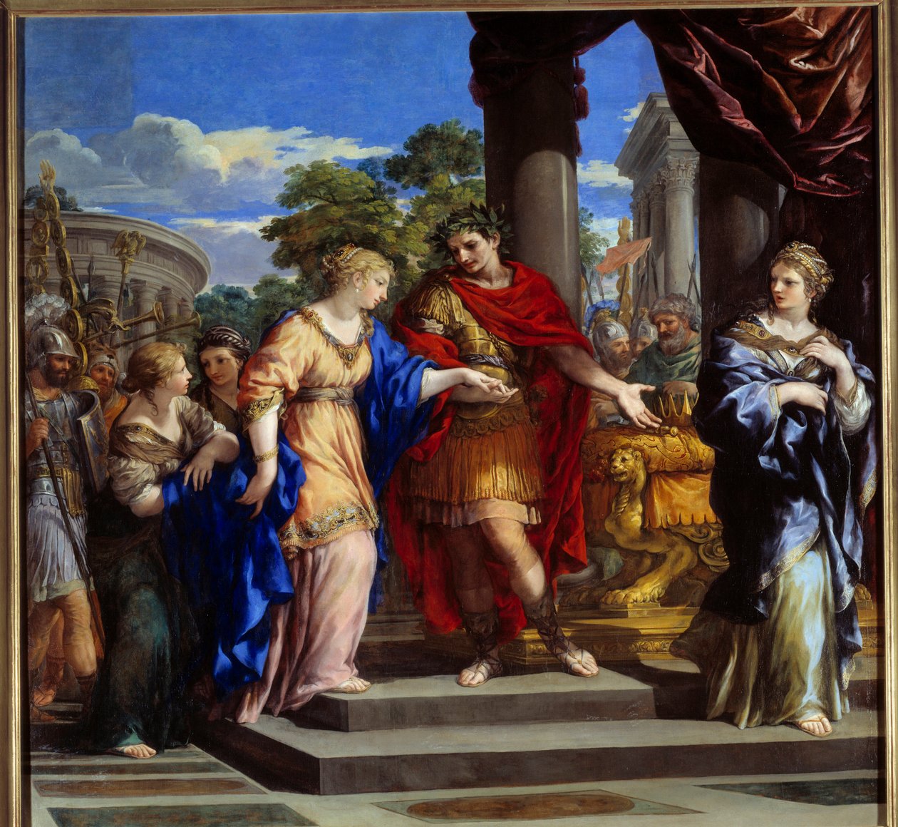 Cesar setter Cleopatre tilbake på tronen i Egypt Jules Cesar gir Egyptens trone til Cleopatra, som han ble forelsket i etter å ha beseiret farao Ptolemee XIII i 47 f.Kr. Maleri av Stone of Cortona (Pietro Berrettini dit Pietro da Cortona (1596-1669). 16 av Pietro da Cortona
