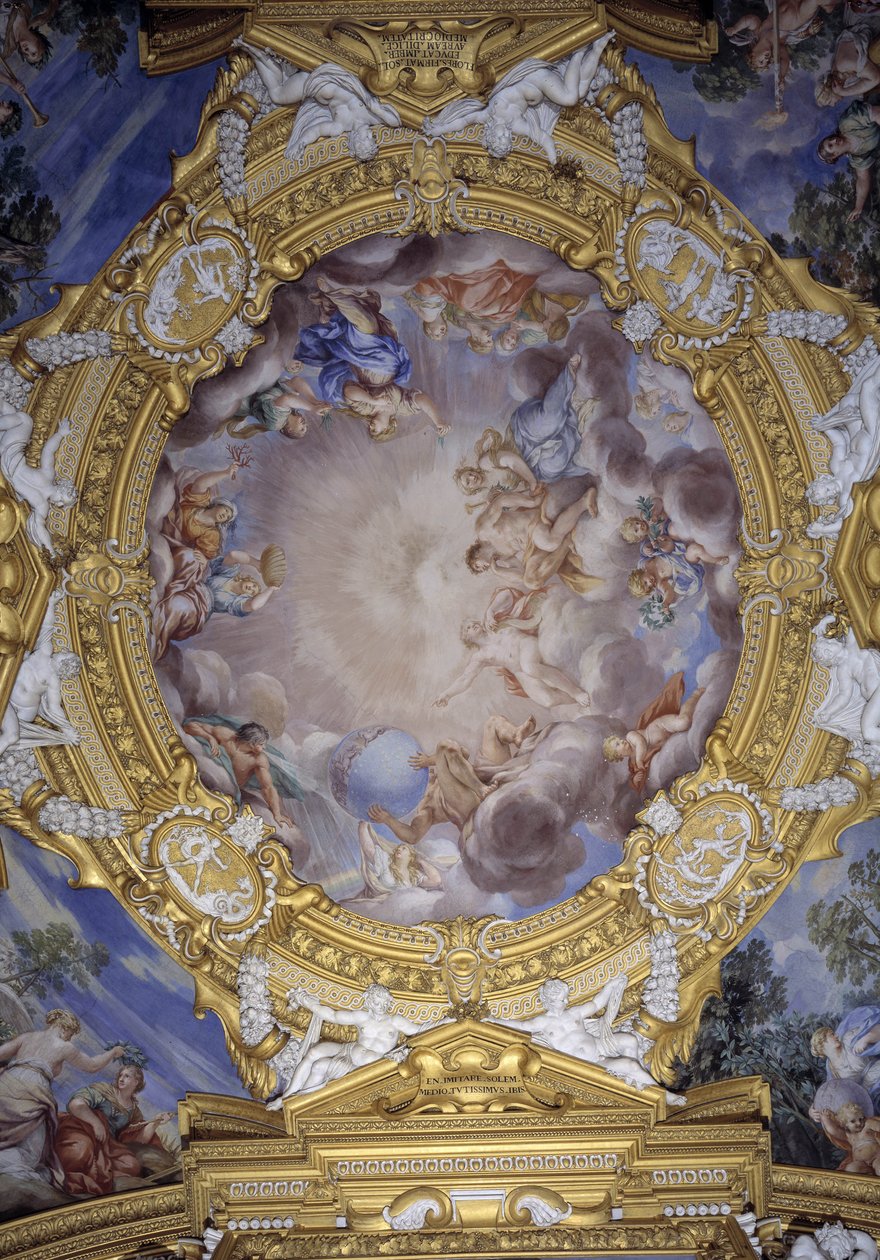 Cosimo I de#39; Medici (Cosimo) representert i Apollon omgitt av ære og dyd i nærvær av Herkules, en nymfe, og Atlas. Freske av Peter av Cortona (Pietro Berrettini kjent som Pietro da Cortona). av Pietro da (1596-1669) Cortona