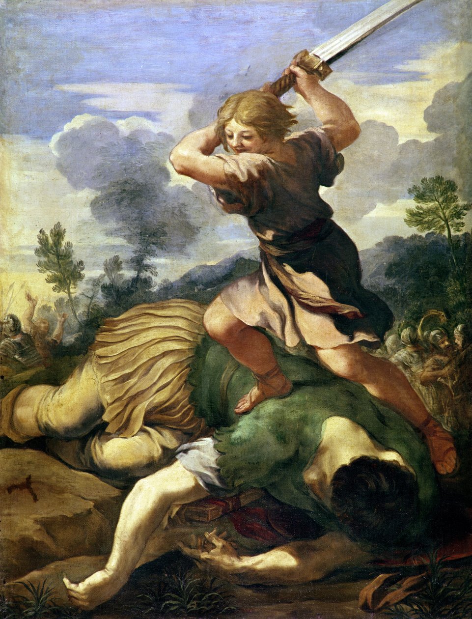 David dreper Goliat (olje på lerret) av Pietro da (1596 1669) Cortona