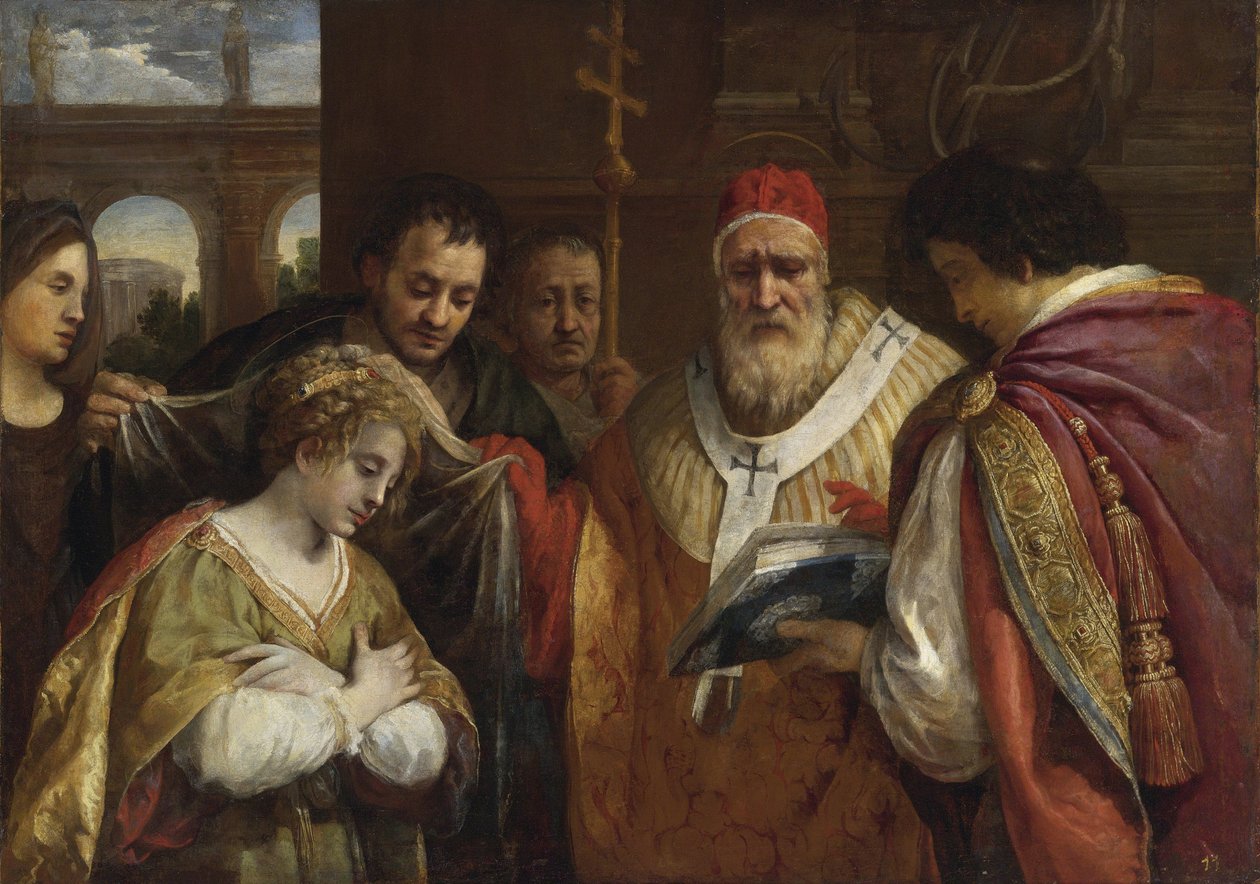 Flavia Domitilla (død etter 95) mottok sløret fra pave Clement I - Saint Domitilla Mottok sløret fra pave Clement I av Cortona, Pietro da (1596-1669). Olje på lerret, størrelse: 123x172,7, , Privat samling av Pietro da Cortona