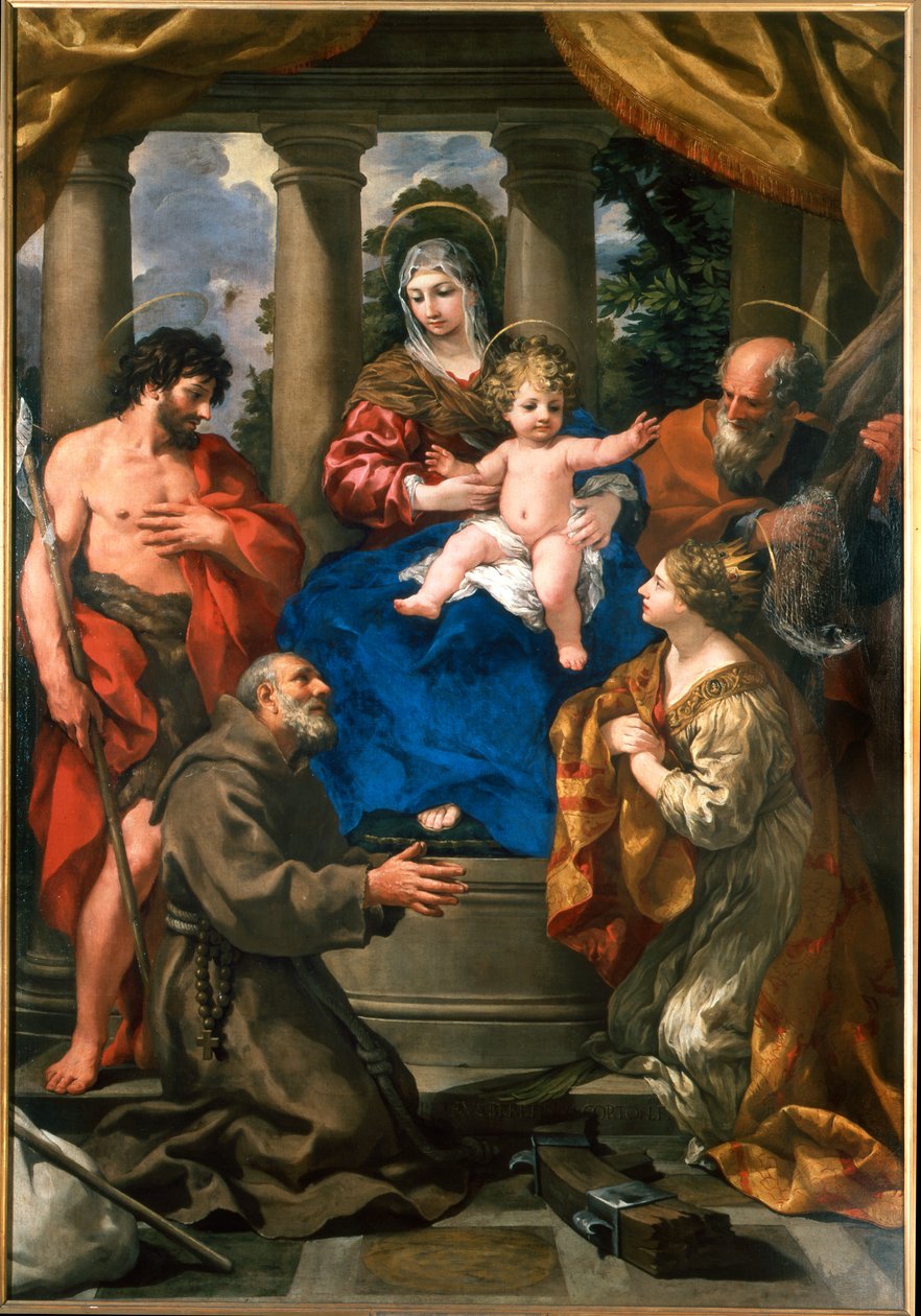 Madonna og barn med døperen Johannes, St. Felix av Cantalice, St. Andreas og St. Katarina av Alexandria av Pietro da Cortona