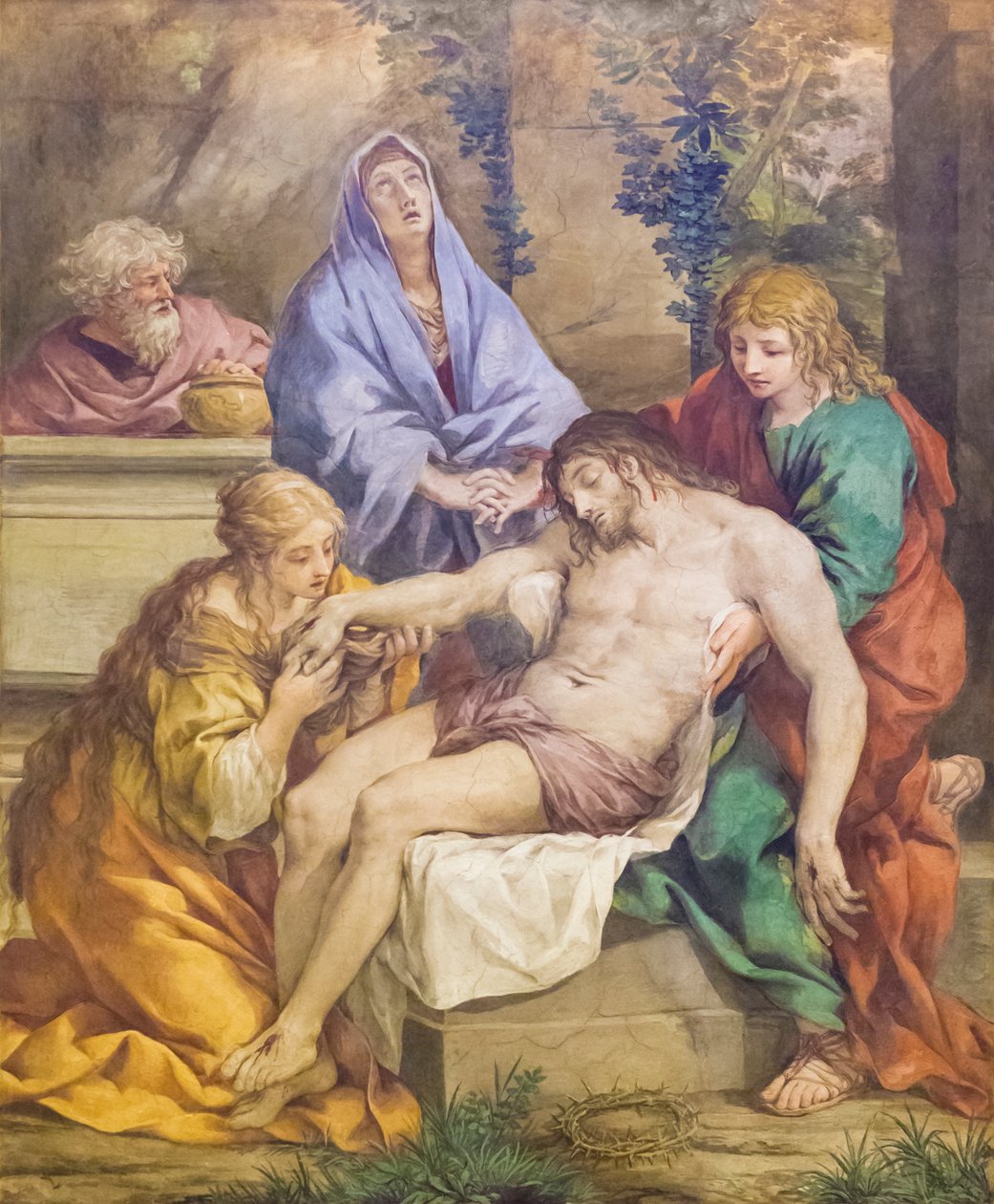 Pieta med Madonnaen, døperen Johannes, Maria Magdalena og Nikodemus (fresko) av Pietro da (1596 1669) Cortona