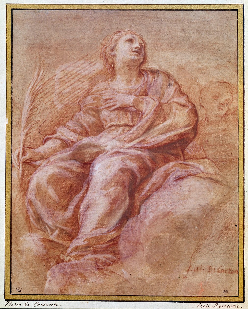 Representasjon av Saint Firmine som sitter på skyene. Blyanttegning av Pietro Berrettini kjent som Pierre de Cortona eller Pietro da Cortona (1596-1669). 1647. Dim. 0,26x0,22 m. Paris, Louvre-museet, tegnefirma av Pietro da Cortona