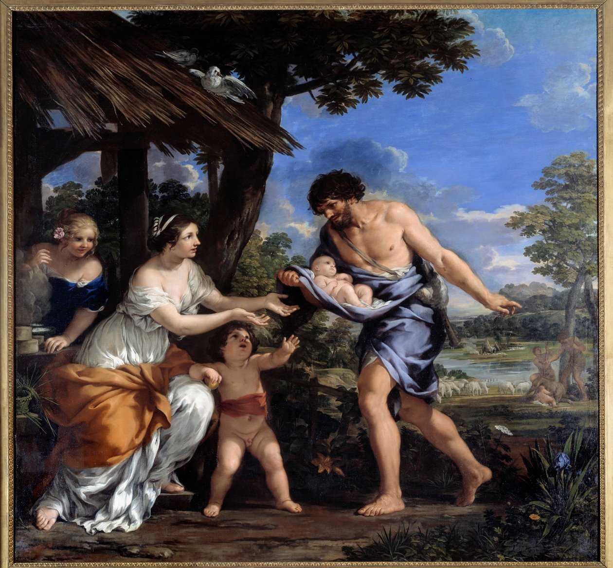 Romulus og Remus samlet av Faustulus og hans kone Acca Laurentia Maleri av Pierre de Cortona (Pietro Berrettini dit Pietro da Cortona (1596-1669). 1643 Søn. 2,51x2,65 m. av Pietro da Cortona