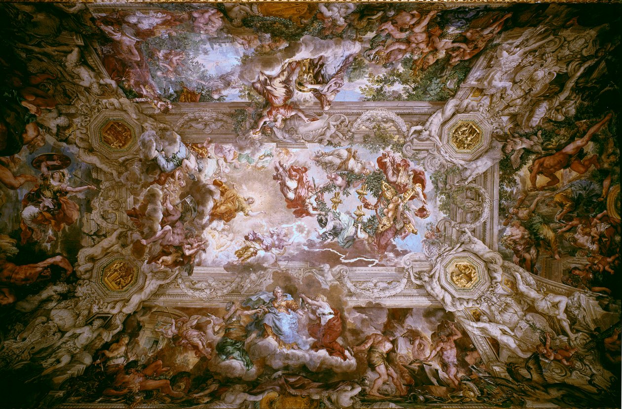 Barberinis herlighet: "Den guddommelige forsynets triumf" Allegori om forsynet og den guddommelige kraften til Barberini-familien (pave Urban VIII). Fresco av Stone of Cortona (Pietro Berrettini dit Pietro da Cortona (1596-1669) som dekorerer taket til Bar av Pietro da Cortona
