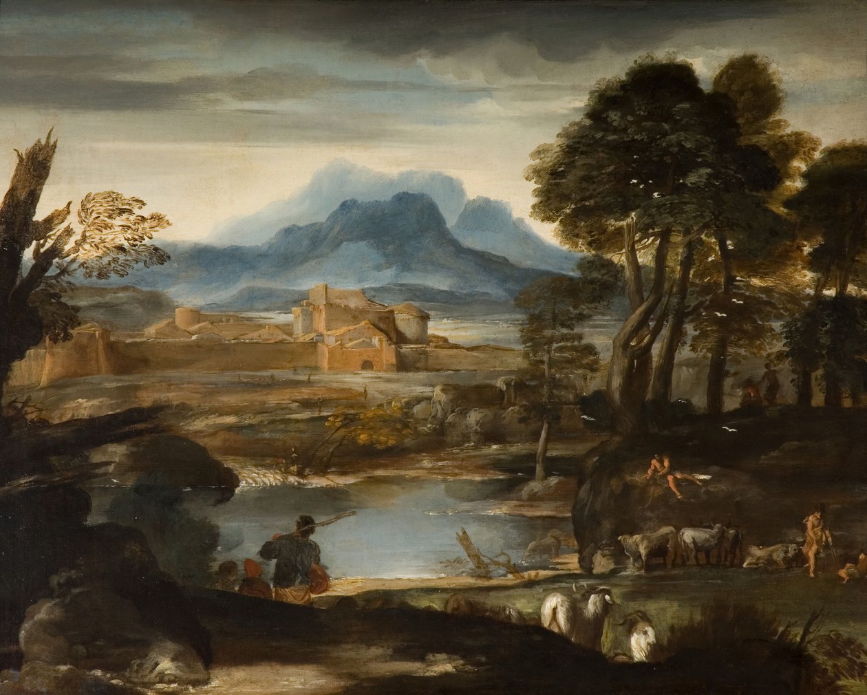Landskap med en innsjø og en befestet by, 1635. av Pietro da Cortona