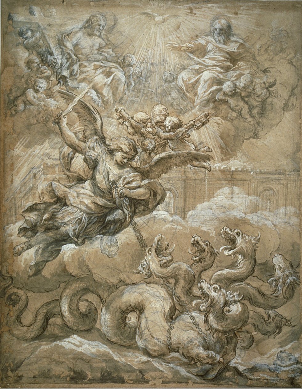 Den hellige treenighet med Saint Michael som erobrer dragen, 1666 av Pietro da Cortona