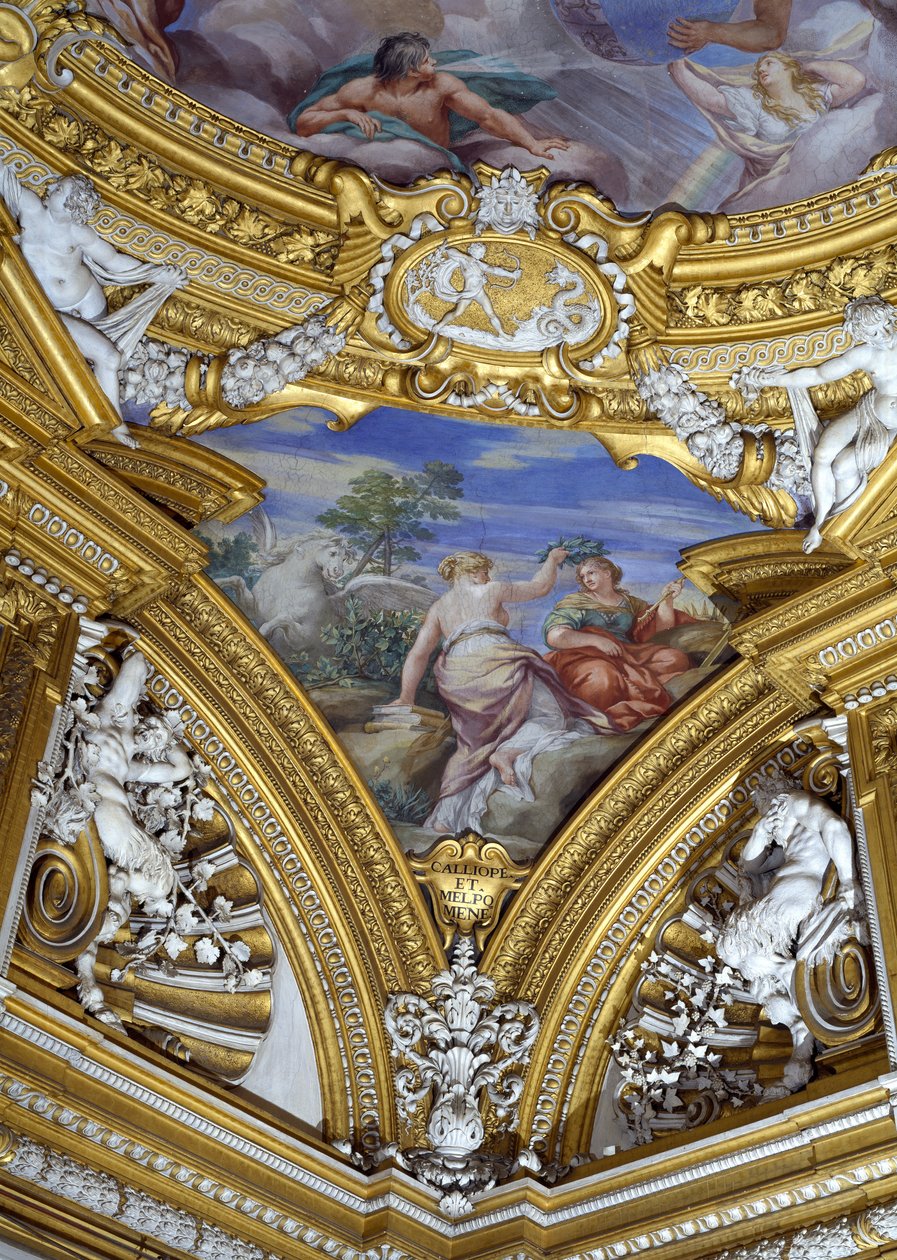 Sala di Apollo Hall of Apollo detalj av hengende skildring av musene Calliope og Melpomene, freskomaleri ca. 1647 av Pietro da Cortona