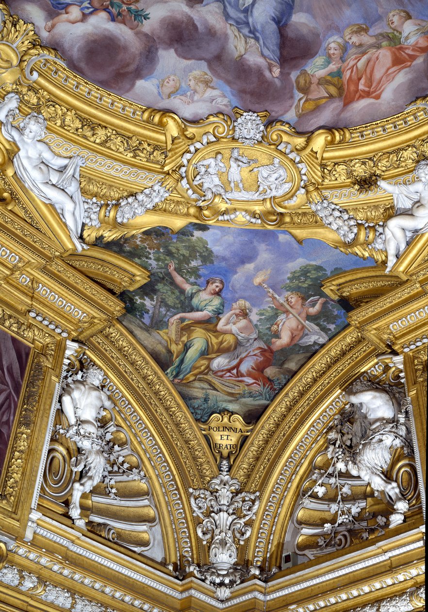 Sala di Apollo Hall of Apollo detalj av pendentiv som viser musene Polyhymnia og Erato, freskomaleri ca. 1647 av Pietro da Cortona