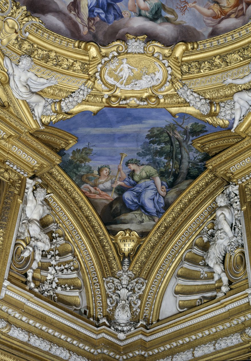 Sala di Apollo Hall of Apollo detalj av pendentiv som viser musene Thalia og Clio, freskomaleri ca. 1647 av Pietro da Cortona