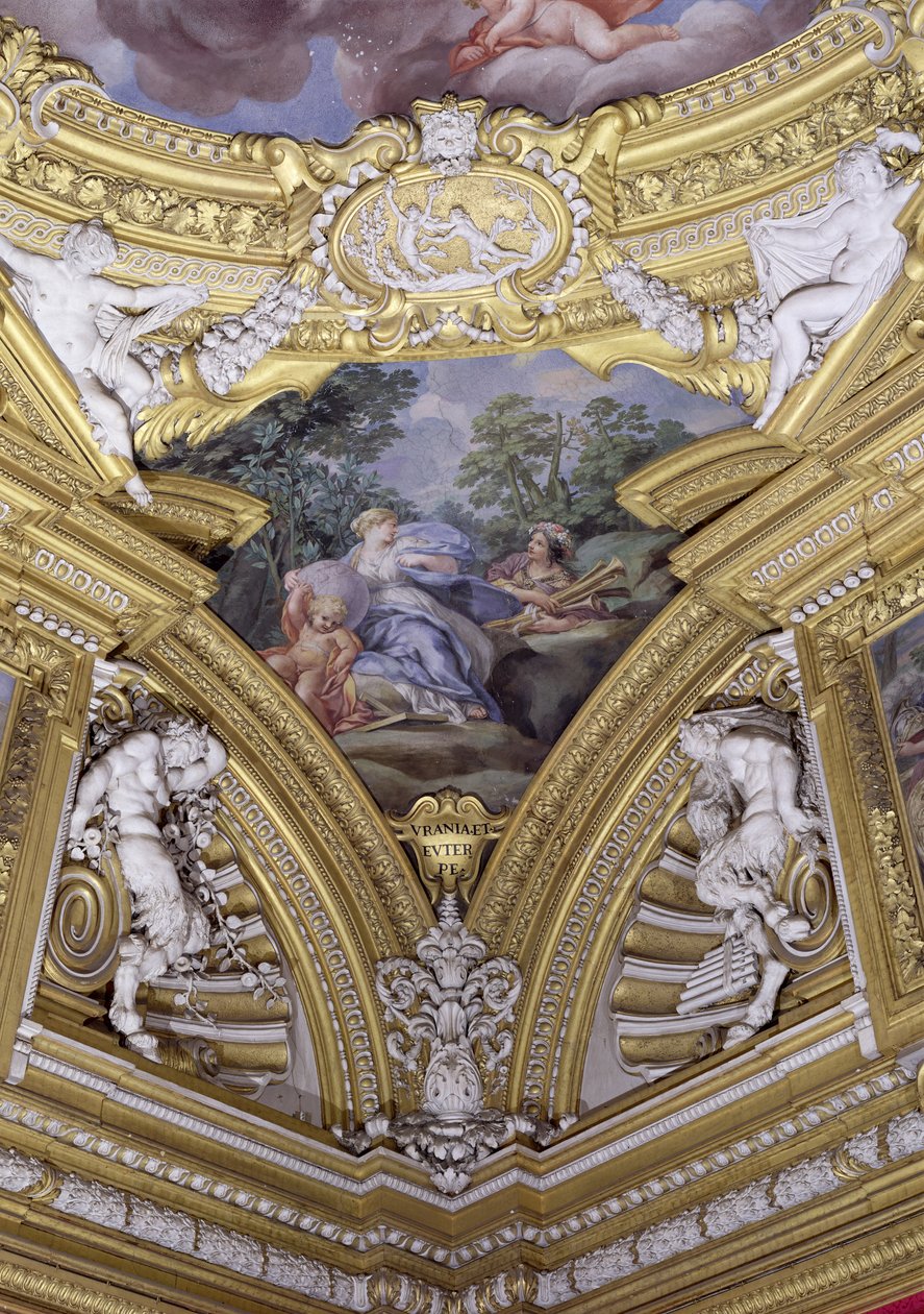 Sala di Apollo Hall of Apollo detalj av pendentiv som viser musene Urania og Euterpe, fresco ca. 1647 av Pietro da Cortona