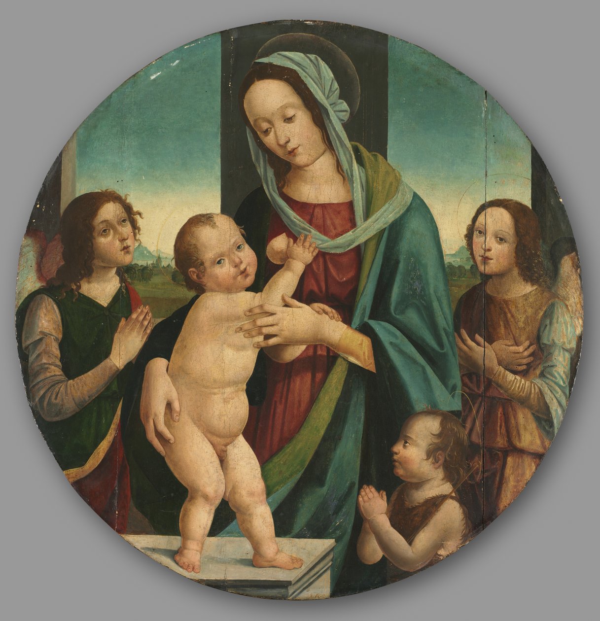 Jomfru og barn med døperen Johannes og engler, ca. 1500 (olje på tre) av Pietro del Donzello