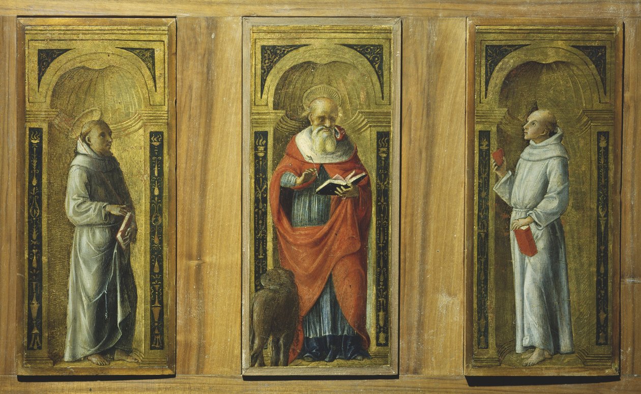 Tre paneler - Saint Francis, Saint Hieronymus og Saint Anthony of Padua, ca. 1480 (tempera på panel) av Pietro di Francesco degli (circle of) Orioli