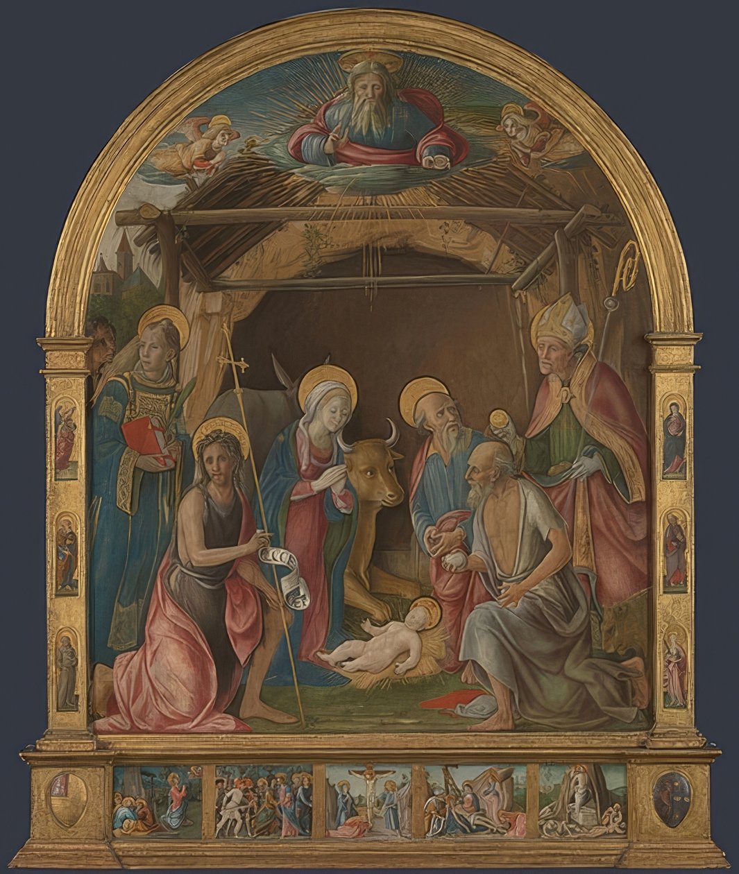Fødsel med helgener. Trolig rundt 1485-95 av Pietro di Francesco degli Orioli