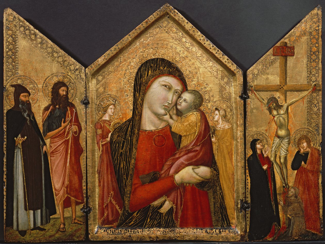 Madonna and Child, the Crucifixion, and Saints, ca. 1340-1370 (tempera og bladgull på panel) av Pietro follower of Lorenzetti
