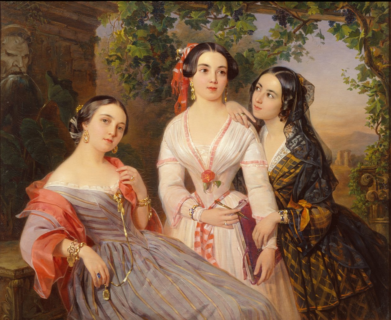Portrett av søstrene grevinner Elizabeth Salis De Tournemire, Sofia Sukhovo-Kobalina og Eudokia Petrovo-Solovo, 1847 av Pimen Nikitich Orlov