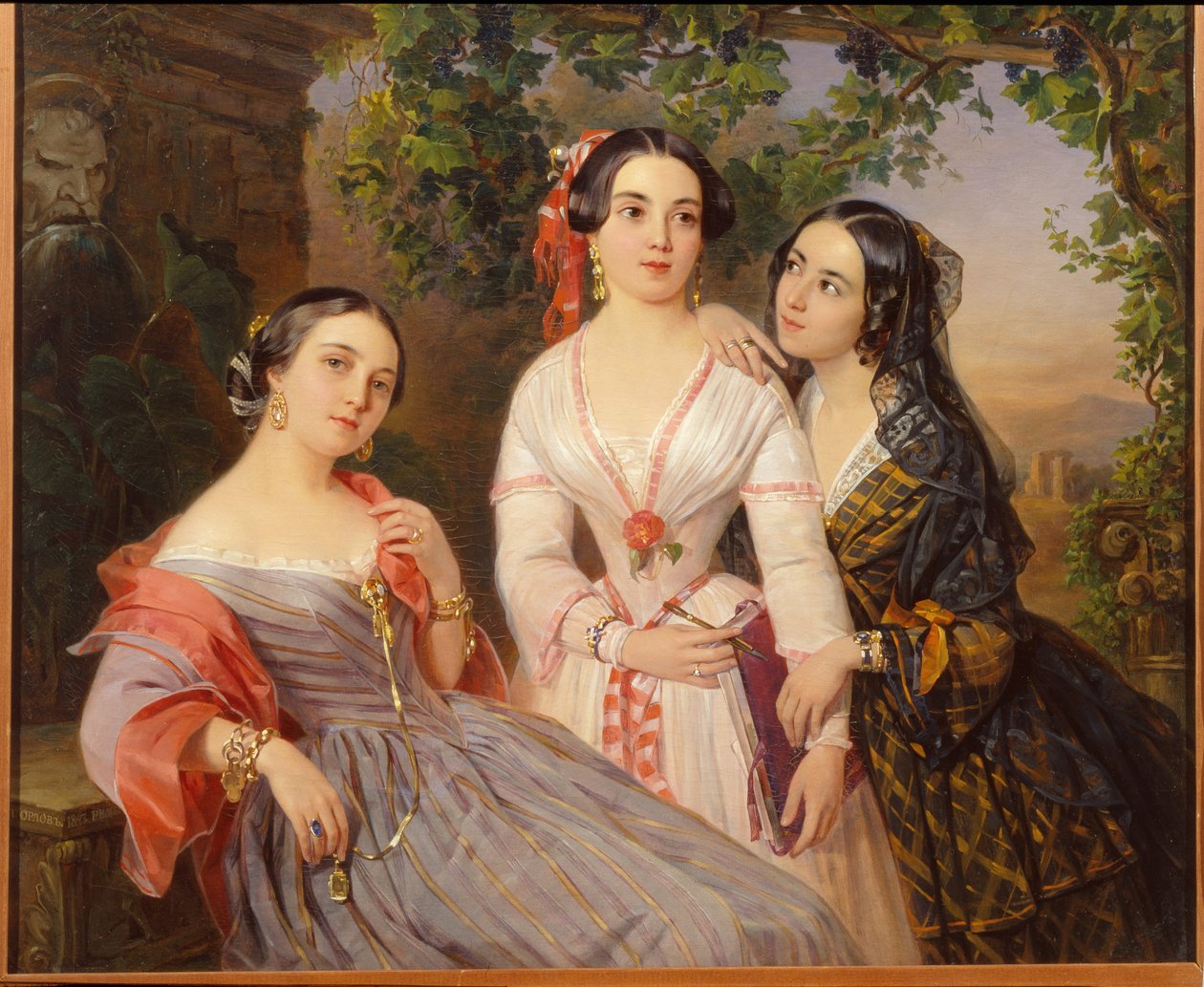 Portraits des soeurs la comtesse Elisabeth Salias de Tournemire (1815-1892), Sophia Soukhovo Kobylina (Soukhovo-Kobylina) (1825-1867) og Eudokia Petrovo Solovovo - Peinture de Pimen Nikitich Orlov (1812-1863), av Pimen Nikitich Orlov