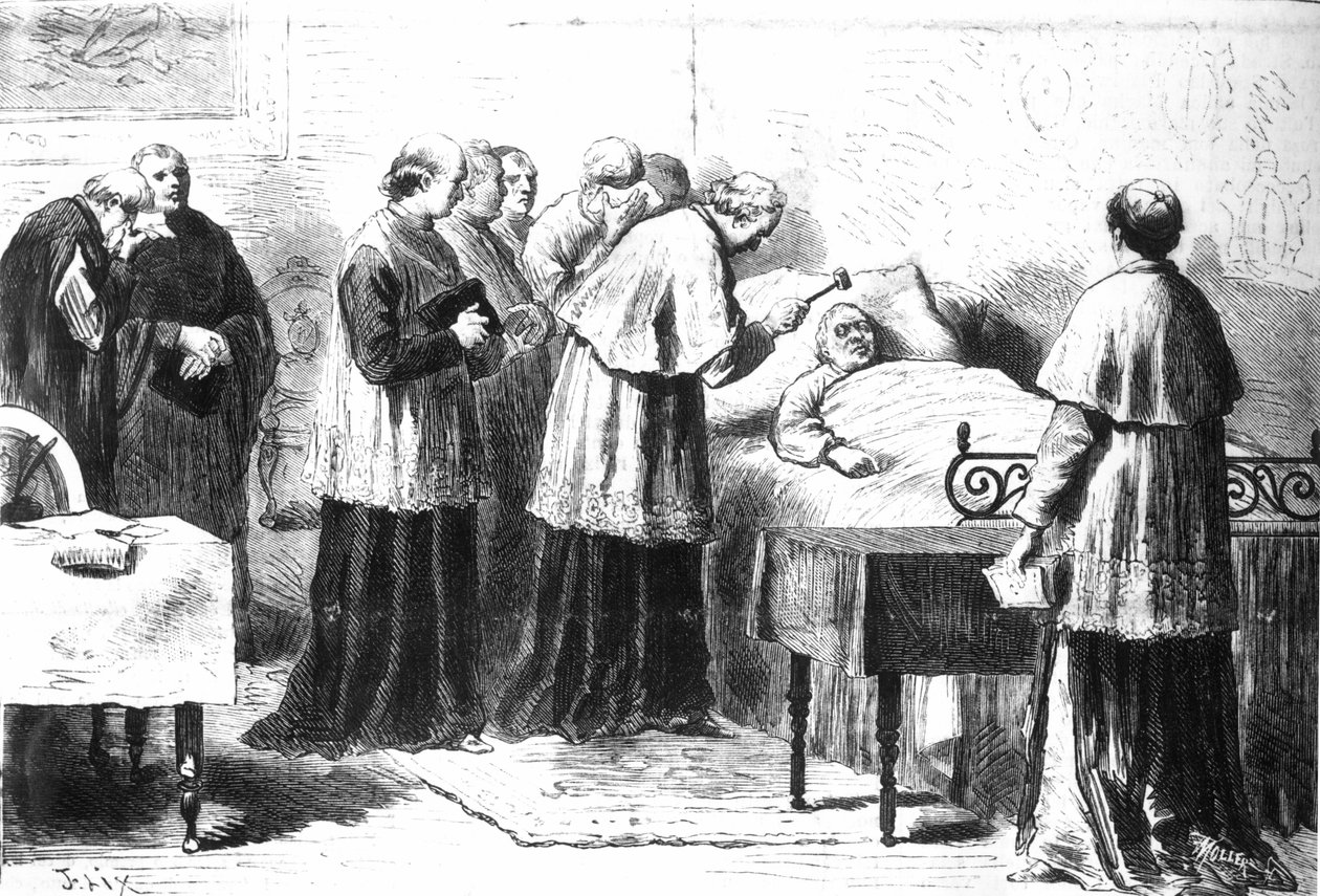Verifiseringen av Pius IX's død ved hjelp av sølvhammeren, fra 'Revista illustrata', 24. februar 1878 av Pio Joris